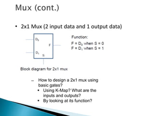 • 2x1 Mux (2 input data and 1 output data)
̶ How to design a 2x1 mux using
basic gates?
 Using K-Map? What are the
inputs and outputs?
 By looking at its function?
 