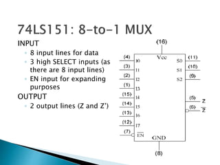 INPUT
◦ 8 input lines for data
◦ 3 high SELECT inputs (as
there are 8 input lines)
◦ EN input for expanding
purposes
OUTPUT
◦ 2 output lines (Z and Z’)
 