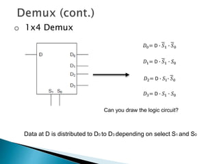 o 1x4 Demux
𝐷0= D ∙ 𝑆1 ∙ 𝑆0
𝐷1= D ∙ 𝑆1 ∙ 𝑆0
𝐷2= D ∙ 𝑆1∙ 𝑆0
𝐷3= D ∙ 𝑆1 ∙ 𝑆0
Can you draw the logic circuit?
Data at D is distributed to D0 to D3 depending on select S1 and S0
 