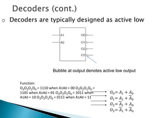 o Decoders are typically designed as active low
Bubble at output denotes active low output
Function:
O3O2O1O0 = 1110 when A1A0 = 00 O3O2O1O0 =
1101 when A1A0 = 01 O3O2O1O0 = 1011 when
A1A0 = 10 O3O2O1O0 = 0111 when A1A0 = 11
𝑂0= 𝐴1 + 𝐴0
𝑂1= 𝐴1 + 𝐴0
𝑂2= 𝐴1 + 𝐴0
𝑂3= 𝐴1 + 𝐴0
 