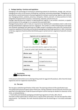 1. Package Labeling – functions and regulations
Packaging is the technology of enclosing or protecting products for distribution, storage, sale, and use.
Packaging also refers to the process of designing, evaluating, and producing packages. Packaging can be
describedasa coordinatedsystemof preparinggoodsfortransport,warehousing, logistics, sale, and end
use. Packaging contains, protects, preserves, transports, informs, and sells. In many countries it is fully
integrated into government, business, institutional, industrial, and personal use.
Package labeling (American English) or labelling (British English) is any written, electronic, or graphic
communication on the package or on a separate but associated label.
Packaged food products sold in India are required to be labelled with a mandatory mark in order to be
distinguishedbetweenvegetarian and non-vegetarian. The symbol is in effect following the Food safety
and standards (packaging and labelling) act of 2006, and got a mandatory status after the framing of the
respective regulations(Foodsafetyandstandards(packagingandlabelling) regulation) in 2011. According
to the law,vegetarianfoodshouldbe identifiedbyagreensymbol andnon-vegetarian food with a brown
symbol.
Vegetarian and non-vegetarian marks
The green dot symbol (left) identifies vegetarian food, and the
brown dot symbol (right) identifies non-vegetarian food.
Effective region India
Effective since 2001
Product category Packaged food products
Legal status Mandatory
Mandatory since 2001
1.1. Peculiarities
Only veg and non-veg
In the presentscheme there are no distinguishing marks for egg and milk products, other than the broad
vegetarian and non-vegetarian classifications.
1.2. The mark
The law gives a detailed specification of the mark. The opening sentence of the specification says:
The symbol shall consistof a greencolour filled circle, having a diameter not less than the minimum size
specifiedinthe table below,inside the square with green outline having size double the diameter of the
circle, as indicated below ....
— Food safety and standards (packaging and labelling) regulations of India, 2011, Rule 4.
The mark is eitheragreendotor a brownone in a square of the same colour.The law also specifies other
requirements - for example, the mark should be placed near the brand logo or in an easily noticeable
position.
 