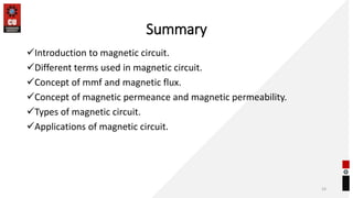 Summary
Introduction to magnetic circuit.
Different terms used in magnetic circuit.
Concept of mmf and magnetic flux.
Concept of magnetic permeance and magnetic permeability.
Types of magnetic circuit.
Applications of magnetic circuit.
33
 