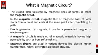 What is Magnetic Circuit?
• The closed path followed by magnetic lines of forces is called
the magnetic circuit.
• In the magnetic circuit, magnetic flux or magnetic lines of force
starts from a point and ends at the same point after completing its
path.
• Flux is generated by magnets, it can be a permanent magnet or
electromagnets.
• A magnetic circuit is made up of magnetic materials having high
permeability such as iron, soft steel, etc.
• Magnetic circuits are used in various devices like electric motor,
transformers, relays, generators galvanometer, etc.
6
 