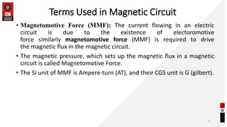 Terms Used in Magnetic Circuit
• Magnetomotive Force (MMF): The current flowing in an electric
circuit is due to the existence of electoromotive
force similarly magnetomotive force (MMF) is required to drive
the magnetic flux in the magnetic circuit.
• The magnetic pressure, which sets up the magnetic flux in a magnetic
circuit is called Magnetomotive Force.
• The SI unit of MMF is Ampere-turn (AT), and their CGS unit is G (gilbert).
9
 