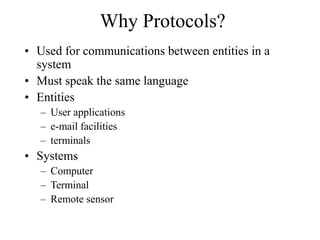 Why Protocols?
• Used for communications between entities in a
system
• Must speak the same language
• Entities
– User applications
– e-mail facilities
– terminals
• Systems
– Computer
– Terminal
– Remote sensor
 