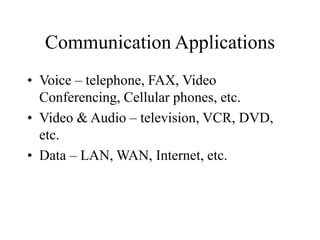 Communication Applications
• Voice – telephone, FAX, Video
Conferencing, Cellular phones, etc.
• Video & Audio – television, VCR, DVD,
etc.
• Data – LAN, WAN, Internet, etc.
 