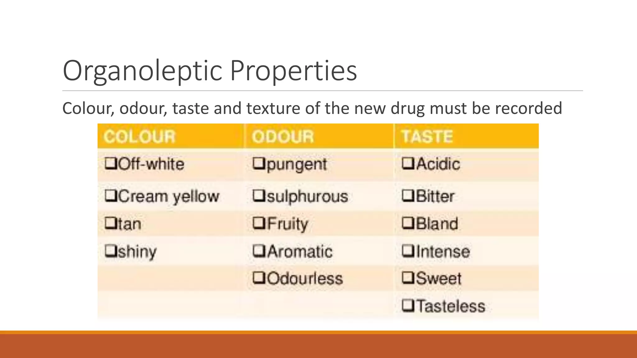 Organoleptic Properties
Colour, odour, taste and texture of the new drug must be recorded
 
