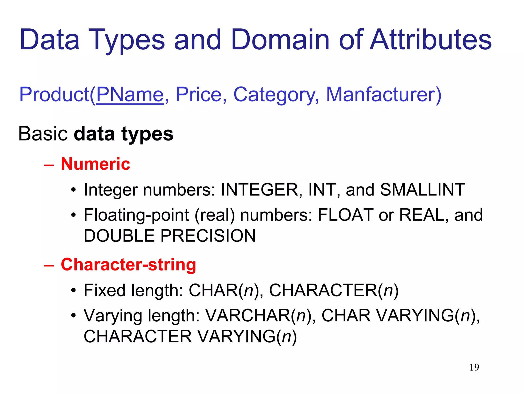 Basic data types
– Numeric
• Integer numbers: INTEGER, INT, and SMALLINT
• Floating-point (real) numbers: FLOAT or REAL, and
DOUBLE PRECISION
– Character-string
• Fixed length: CHAR(n), CHARACTER(n)
• Varying length: VARCHAR(n), CHAR VARYING(n),
CHARACTER VARYING(n)
Data Types and Domain of Attributes
Product(PName, Price, Category, Manfacturer)
19
 