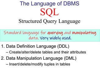 SQL
Structured Query Language
The Language of DBMS
Standard language for querying and manipulating
data. Very widely used.
1. Data Definition Language (DDL)
– Create/alter/delete tables and their attributes
2. Data Manipulation Language (DML)
– Insert/delete/modify tuples in tables
 
