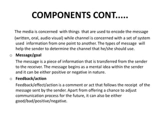 COMPONENTS CONT.....
The media is concerned with things that are used to encode the message
(written, oral, audio visual) while channel is concerned with a set of system
used information from one point to another. The types of message will
help the sender to determine the channel that he/she should use.
o Message/goal
The message is a piece of information that is transferred from the sender
to the receiver. The message begins as a mental idea within the sender
and it can be either positive or negative in nature.
o Feedback/action
Feedback/effect/action is a comment or act that follows the receipt of the
message sent by the sender. Apart from offering a chance to adjust
communication process for the future, it can also be either
good/bad/positive/negative.
 