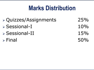 Marks Distribution
 Quizzes/Assignments 25%
 Sessional-I 10%
 Sessional-II 15%
 Final 50%
 