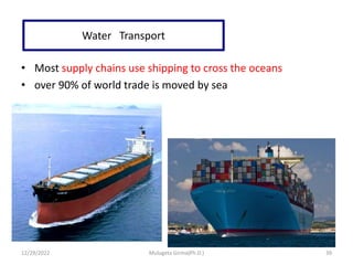 Water Transport
• Most supply chains use shipping to cross the oceans
• over 90% of world trade is moved by sea
12/29/2022 Mulugeta Girma(Ph.D.) 39
 