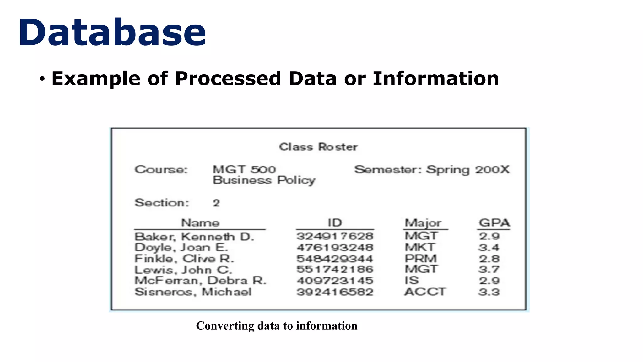 • Example of Processed Data or Information
Converting data to information
Database
 