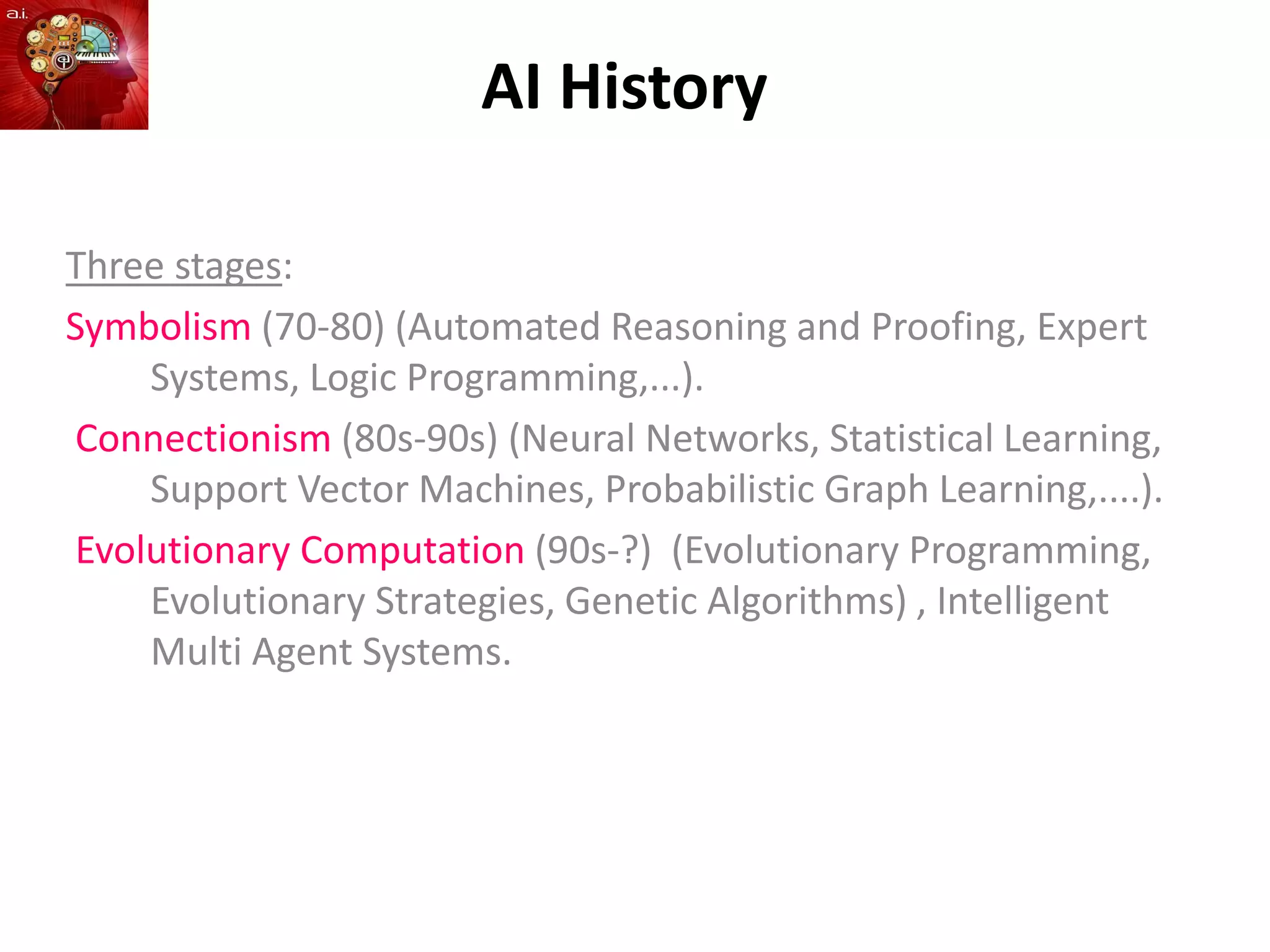 AI History
Three stages:
Symbolism (70-80) (Automated Reasoning and Proofing, Expert
Systems, Logic Programming,...).
Connectionism (80s-90s) (Neural Networks, Statistical Learning,
Support Vector Machines, Probabilistic Graph Learning,....).
Evolutionary Computation (90s-?) (Evolutionary Programming,
Evolutionary Strategies, Genetic Algorithms) , Intelligent
Multi Agent Systems.
 
