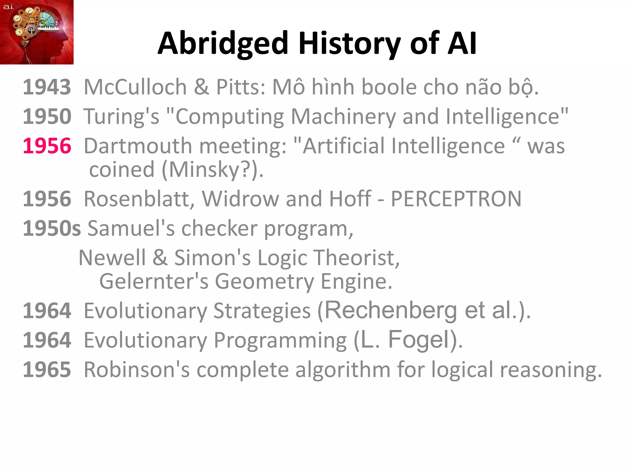 Abridged History of AI
1943 McCulloch & Pitts: Mô hình boole cho não bộ.
1950 Turing's "Computing Machinery and Intelligence"
1956 Dartmouth meeting: "Artificial Intelligence “ was
coined (Minsky?).
1956 Rosenblatt, Widrow and Hoff - PERCEPTRON
1950s Samuel's checker program,
Newell & Simon's Logic Theorist,
Gelernter's Geometry Engine.
1964 Evolutionary Strategies (Rechenberg et al.).
1964 Evolutionary Programming (L. Fogel).
1965 Robinson's complete algorithm for logical reasoning.
 
