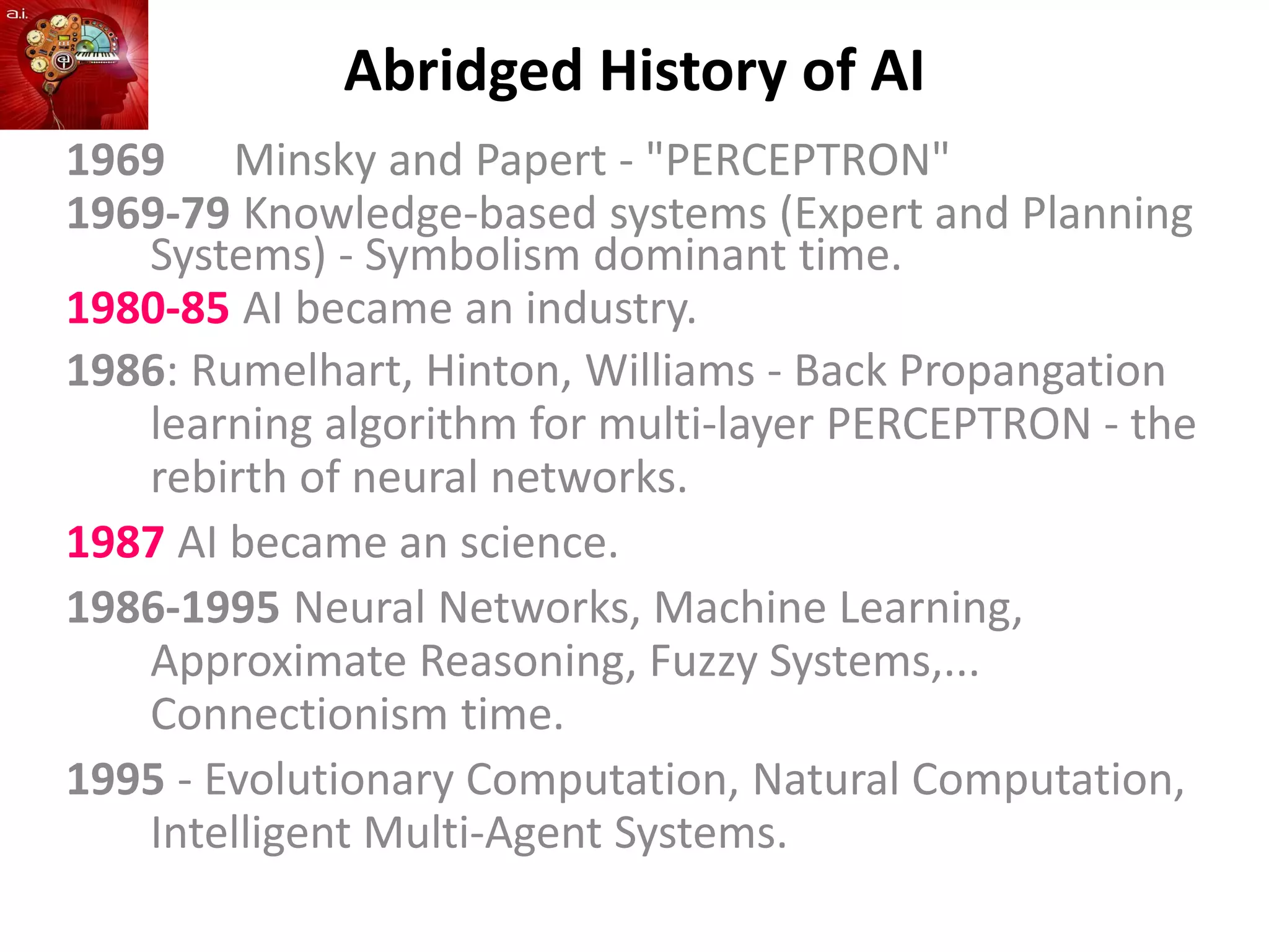 Abridged History of AI
1969 Minsky and Papert - "PERCEPTRON"
1969-79 Knowledge-based systems (Expert and Planning
Systems) - Symbolism dominant time.
1980-85 AI became an industry.
1986: Rumelhart, Hinton, Williams - Back Propangation
learning algorithm for multi-layer PERCEPTRON - the
rebirth of neural networks.
1987 AI became an science.
1986-1995 Neural Networks, Machine Learning,
Approximate Reasoning, Fuzzy Systems,...
Connectionism time.
1995 - Evolutionary Computation, Natural Computation,
Intelligent Multi-Agent Systems.
 