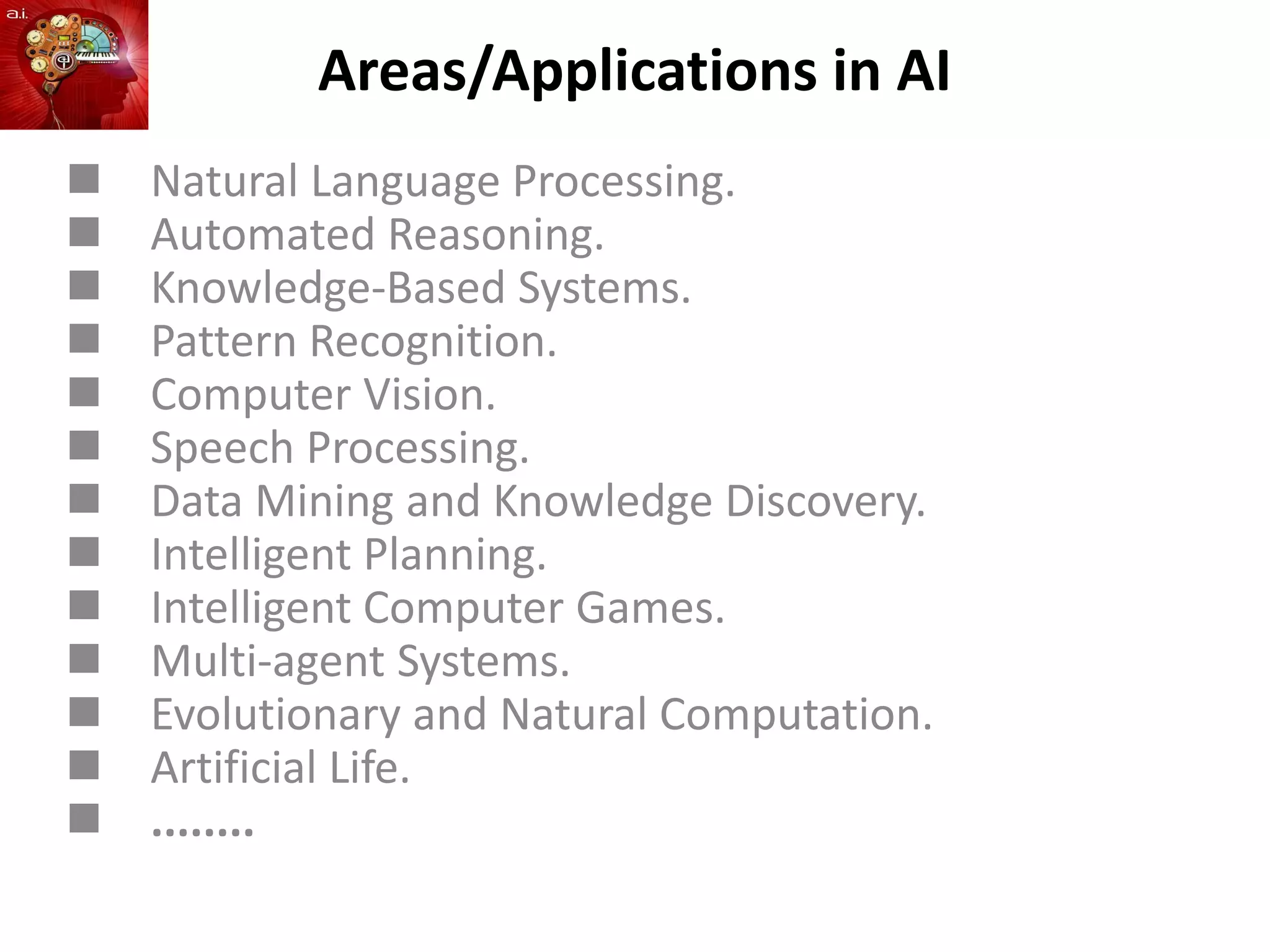 Areas/Applications in AI
 Natural Language Processing.
 Automated Reasoning.
 Knowledge-Based Systems.
 Pattern Recognition.
 Computer Vision.
 Speech Processing.
 Data Mining and Knowledge Discovery.
 Intelligent Planning.
 Intelligent Computer Games.
 Multi-agent Systems.
 Evolutionary and Natural Computation.
 Artificial Life.
 ........
 