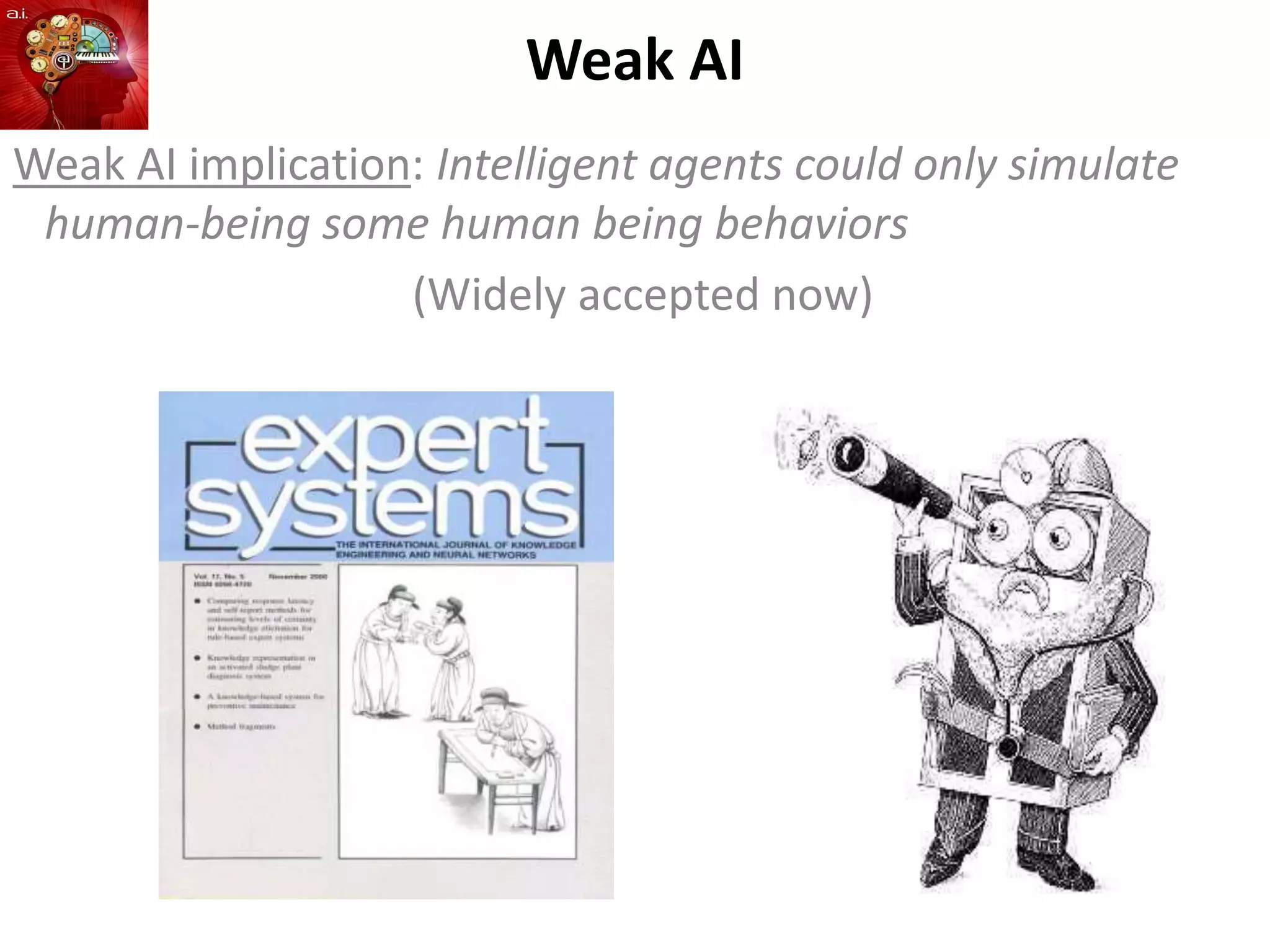 Weak AI
Weak AI implication: Intelligent agents could only simulate
human-being some human being behaviors
(Widely accepted now)
 