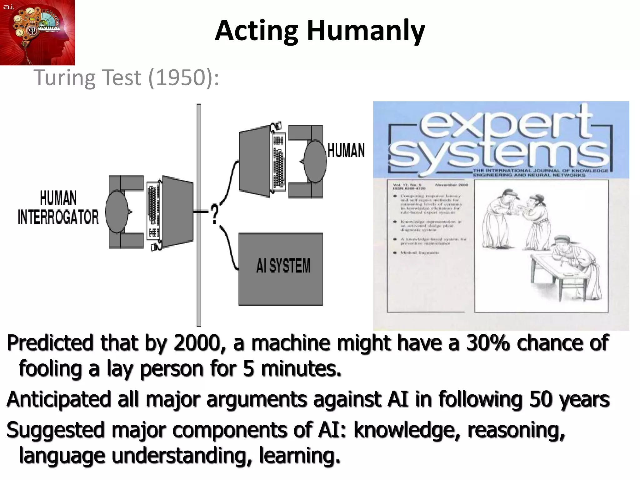 Acting Humanly
Turing Test (1950):
Predicted that by 2000, a machine might have a 30% chance of
fooling a lay person for 5 minutes.
Anticipated all major arguments against AI in following 50 years
Suggested major components of AI: knowledge, reasoning,
language understanding, learning.
 