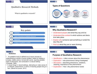 Qualitative Research Methods
What is qualitative research?
Key points
1 Definition
2 Types of Questions in Qualitative Research
3 Importance
4 Critiques of qualitative research
• "A qualitative study is defined as an inquiry process of
understanding a social or human problem, based on building a
complex, holistic picture, formed with words, reporting detailed
views of informants, and conducted in a natural setting”.
(Creswell, 1994).
• It study things in natural settings, attempting to make sense of,
or interpret, phenomenon in terms of meaning people bring to t
hem. (Denzin & Lincoln, 2011)
Definition
Types of Questions
When
did it
happen?
How has it
come to
happen
this way?
Why is it
happeni
ng?
What is
happen
ing?
• Understand people and what they say and do
• Understand the context in which actions and decis
ions take place
• Explain why someone said something or acted the
way they did
• Find out what they are or were thinking
Why Qualitative Research?
• Identification – Little is known about the phenomenon
• Exploration – new phenomenon being investigated
• Description – describing dimensions, variations,
meaning, importance of the phenomenon
• Explanation – How / why phenomenon exists
Purpose of Qualitative Research
 
