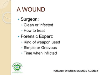 A WOUND
 Surgeon:
◦ Clean or infected
◦ How to treat
 Forensic Expert:
◦ Kind of weapon used
◦ Simple or Grievous
◦ Time when inflicted
 