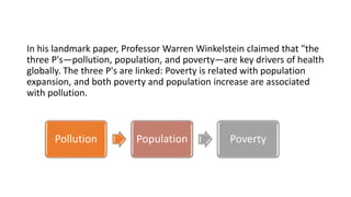 In his landmark paper, Professor Warren Winkelstein claimed that "the
three P's—pollution, population, and poverty—are key drivers of health
globally. The three P's are linked: Poverty is related with population
expansion, and both poverty and population increase are associated
with pollution.
Pollution Population Poverty
 