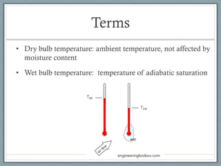 Terms
• Dry bulb temperature: ambient temperature, not affected by
moisture content
• Wet bulb temperature: temperature of adiabatic saturation
 