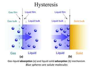 Hysteresis
Gas-liquid absorption (a) and liquid-solid adsorption (b) mechanism.
Blue spheres are solute molecules
(a) (b)
 