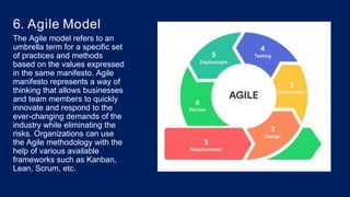 6. Agile Model
The Agile model refers to an
umbrella term for a specific set
of practices and methods
based on the values expressed
in the same manifesto. Agile
manifesto represents a way of
thinking that allows businesses
and team members to quickly
innovate and respond to the
ever-changing demands of the
industry while eliminating the
risks. Organizations can use
the Agile methodology with the
help of various available
frameworks such as Kanban,
Lean, Scrum, etc.
 