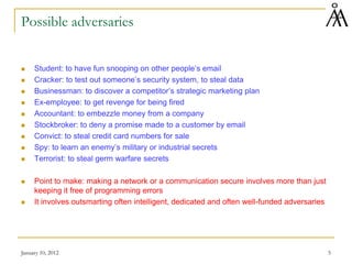 January 10, 2012 5
Possible adversaries
 Student: to have fun snooping on other people’s email
 Cracker: to test out someone’s security system, to steal data
 Businessman: to discover a competitor’s strategic marketing plan
 Ex-employee: to get revenge for being fired
 Accountant: to embezzle money from a company
 Stockbroker: to deny a promise made to a customer by email
 Convict: to steal credit card numbers for sale
 Spy: to learn an enemy’s military or industrial secrets
 Terrorist: to steal germ warfare secrets
 Point to make: making a network or a communication secure involves more than just
keeping it free of programming errors
 It involves outsmarting often intelligent, dedicated and often well-funded adversaries
 