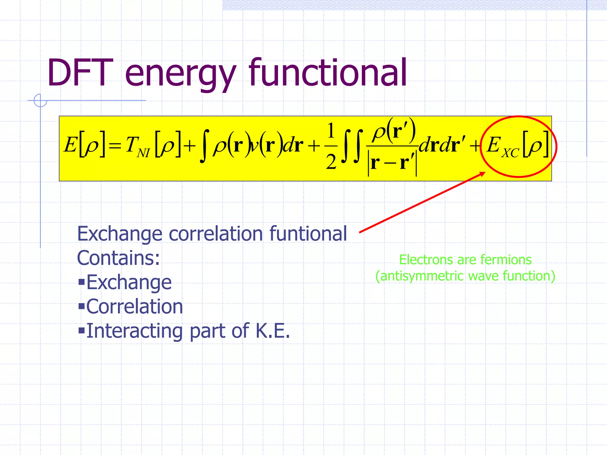 DFT energy functional
           




 XC
NI E
d
d
d
v
T
E 






 
 r
r
r
r
r
r
r
r
2
1
Exchange correlation funtional
Contains:
Exchange
Correlation
Interacting part of K.E.
Electrons are fermions
(antisymmetric wave function)
 