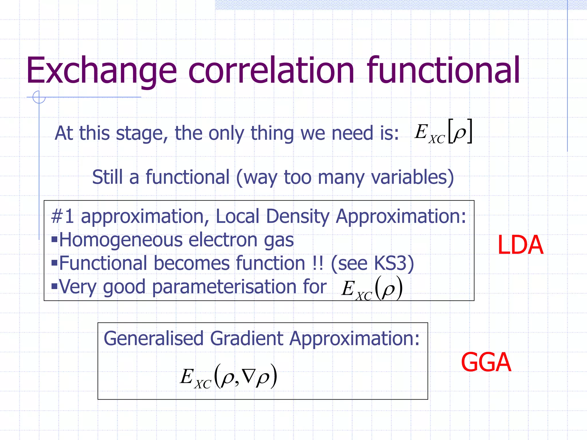 Exchange correlation functional
At this stage, the only thing we need is:  

XC
E
Still a functional (way too many variables)
#1 approximation, Local Density Approximation:
Homogeneous electron gas
Functional becomes function !! (see KS3)
Very good parameterisation for  

XC
E
Generalised Gradient Approximation:
 

 
,
XC
E
GGA
LDA
 