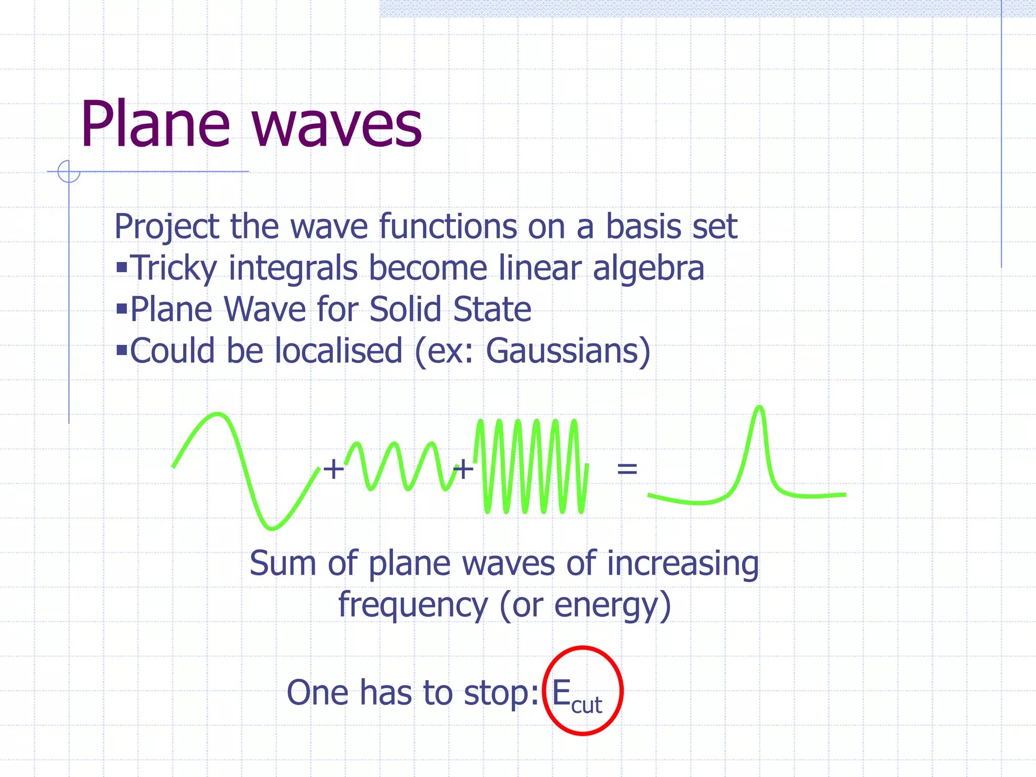 Plane waves
Project the wave functions on a basis set
Tricky integrals become linear algebra
Plane Wave for Solid State
Could be localised (ex: Gaussians)
+ + =
Sum of plane waves of increasing
frequency (or energy)
One has to stop: Ecut
 