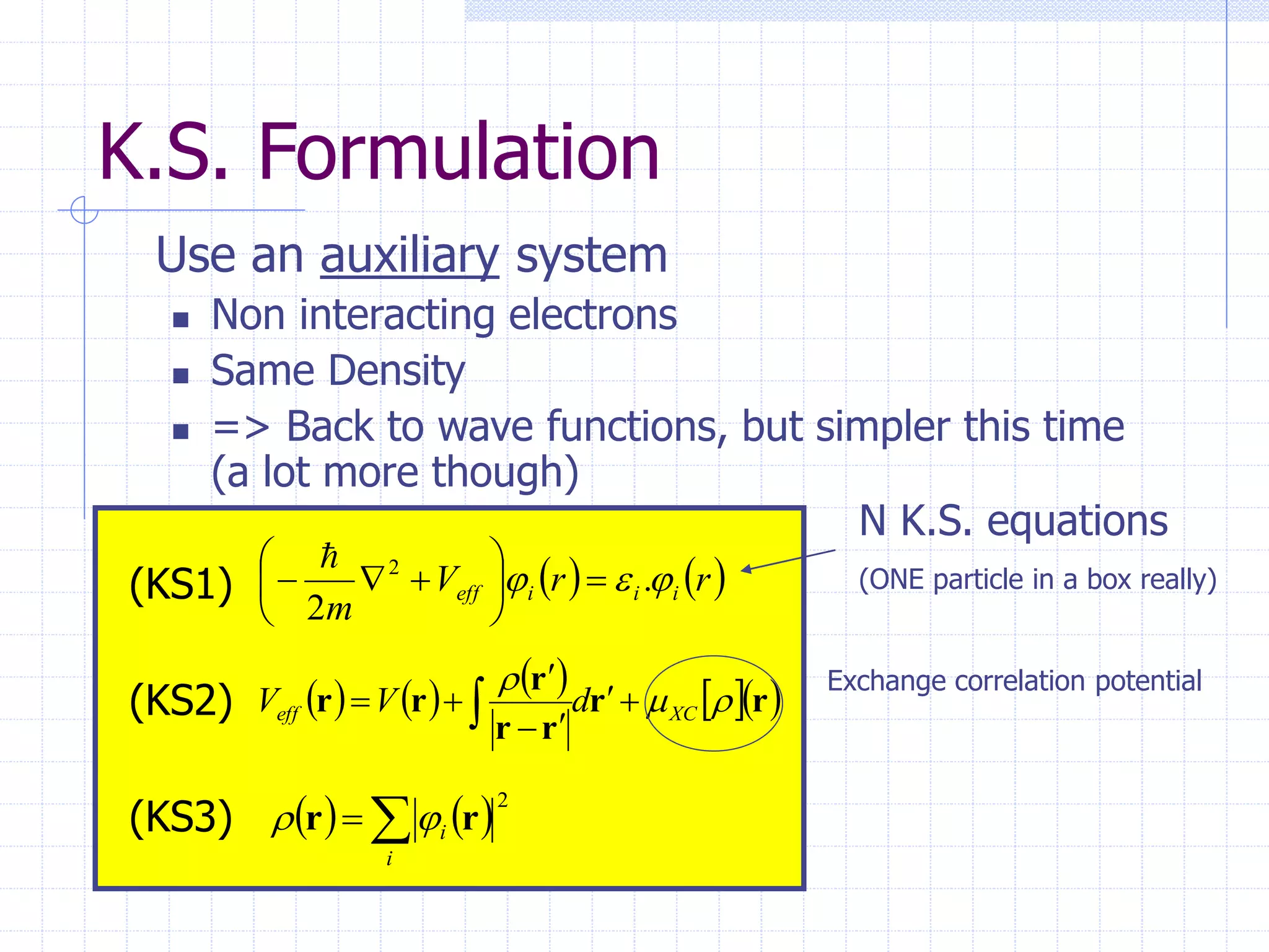 K.S. Formulation
Use an auxiliary system
 Non interacting electrons
 Same Density
 => Back to wave functions, but simpler this time
(a lot more though)
   
r
r
V
m
i
i
i
eff 

 .
2
2











        
r
r
r
r
r
r
r 


XC
eff d
V
V 





 
   


i
i
2
r
r 

N K.S. equations
(ONE particle in a box really)
(KS3)
(KS2)
(KS1)
Exchange correlation potential
 