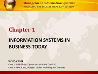 Management Information Systems
MANAGING THE DIGITAL FIRM, 12TH EDITION
INFORMATION SYSTEMS IN
BUSINESS TODAY
Chapter 1
VIDEO CASES
Case 1: UPS Global Operations with the DIAD IV
Case 2: IBM, Cisco, Google: Global Warming by Computer
 