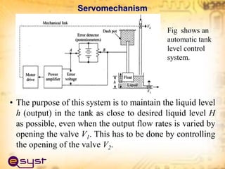 Servomechanism
• The purpose of this system is to maintain the liquid level
h (output) in the tank as close to desired liquid level H
as possible, even when the output flow rates is varied by
opening the valve V1. This has to be done by controlling
the opening of the valve V2.
Fig shows an
automatic tank
level control
system.
 