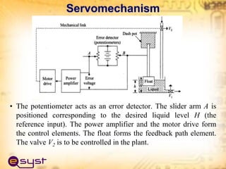 • The potentiometer acts as an error detector. The slider arm A is
positioned corresponding to the desired liquid level H (the
reference input). The power amplifier and the motor drive form
the control elements. The float forms the feedback path element.
The valve V2 is to be controlled in the plant.
Servomechanism
 