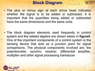 • The plus or minus sign at each arrow head indicates
whether the signal is to be added or subtracted. It is
important that the quantities being added or subtracted
have the same dimensions and the same units.
• The block diagram elements used frequently in control
system and the related algebra are shown below in figure5.
One of the important components of a control system is the
sensing device that acts as a junction point for signal
comparisons. The physical components involved are: the
potentiometer, synchro, resolver, differential amplifier,
multiplier and other signal processing transducer
Block Diagram
 