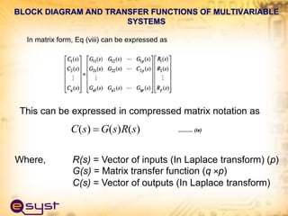 This can be expressed in compressed matrix notation as
)
(
)
(
)
( s
R
s
G
s
C  ........... (ix)
Where, R(s) = Vector of inputs (In Laplace transform) (p)
G(s) = Matrix transfer function (q ×p)
C(s) = Vector of outputs (In Laplace transform)
BLOCK DIAGRAM AND TRANSFER FUNCTIONS OF MULTIVARIABLE
SYSTEMS
In matrix form, Eq (viii) can be expressed as
 
