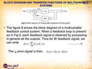 • The figure 9 shows the block diagram of a multivariable
feedback control system. When a feedback loop is present
as in Fig 9, each feedback signal is obtained by processing
in general all the outputs. Thus for ith feedback signal, we
can write
The ith error signal is then
BLOCK DIAGRAM AND TRANSFER FUNCTIONS OF MULTIVARIABLE
SYSTEMS
• The figure 9 shows the block diagram of a multivariable
feedback control system. When a feedback loop is present
as in Fig 9, each feedback signal is obtained by processing
in general all the outputs. Thus for ith feedback signal, we
can write
The ith error signal is then
BLOCK DIAGRAM AND TRANSFER FUNCTIONS OF MULTIVARIABLE
SYSTEMS



m
j
j
ij
i s
C
s
H
s
B
1
)
(
)
(
)
( ............................(x)
)
(
)
(
)
( s
B
s
R
s
E i
i
i 

Fig 9: Block diagram of multivariable feedback control system
 