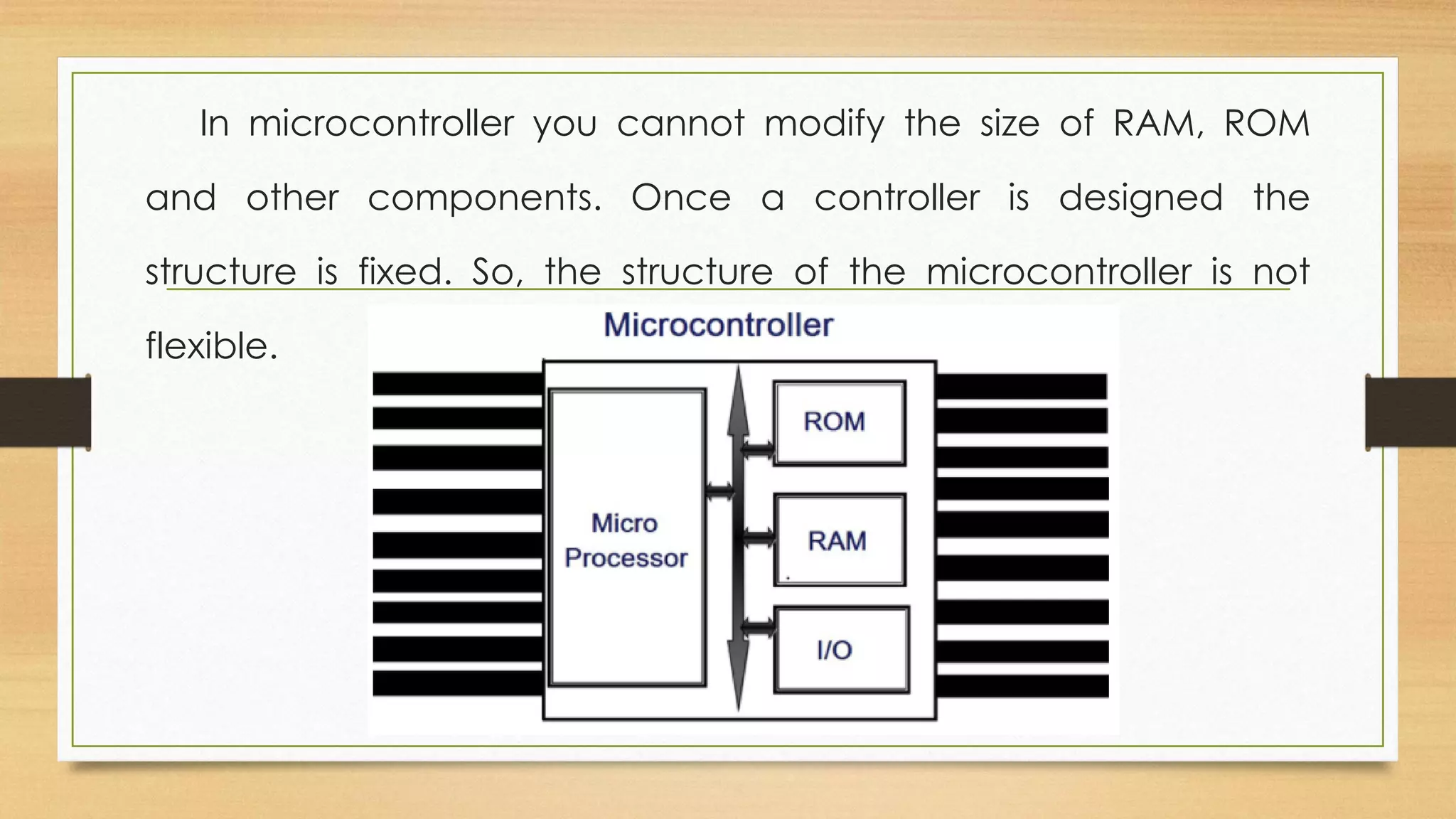 In microcontroller you cannot modify the size of RAM, ROM
and other components. Once a controller is designed the
structure is fixed. So, the structure of the microcontroller is not
flexible.
 