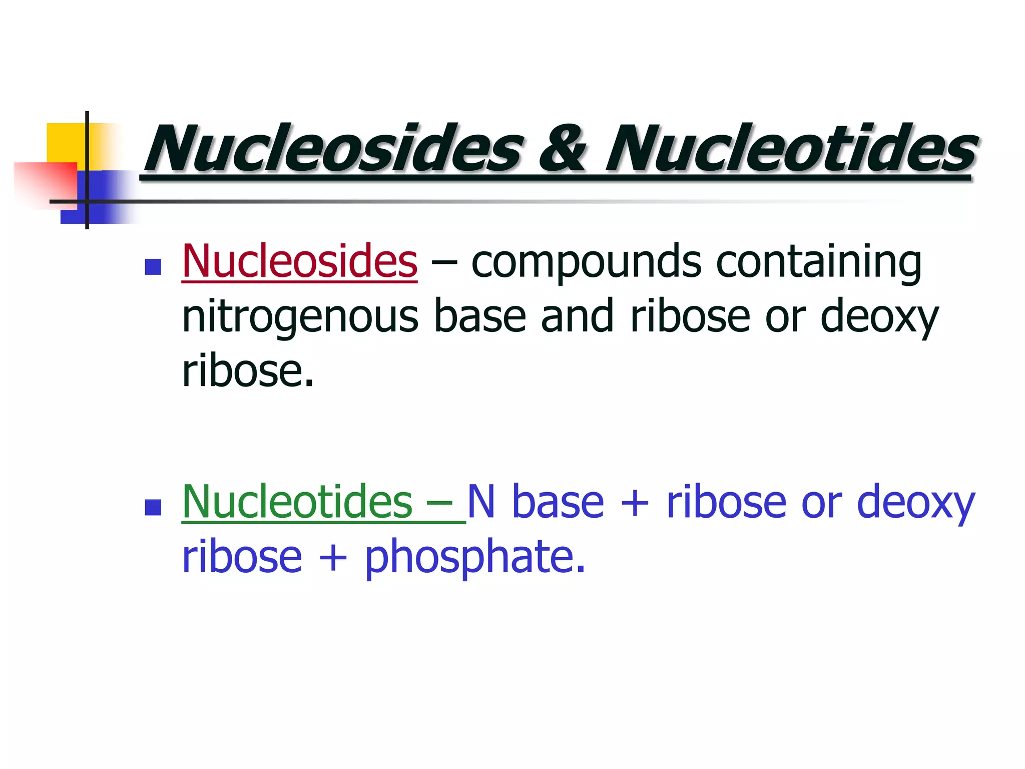 Nucleosides & Nucleotides
 Nucleosides – compounds containing
nitrogenous base and ribose or deoxy
ribose.
 Nucleotides – N base + ribose or deoxy
ribose + phosphate.
 