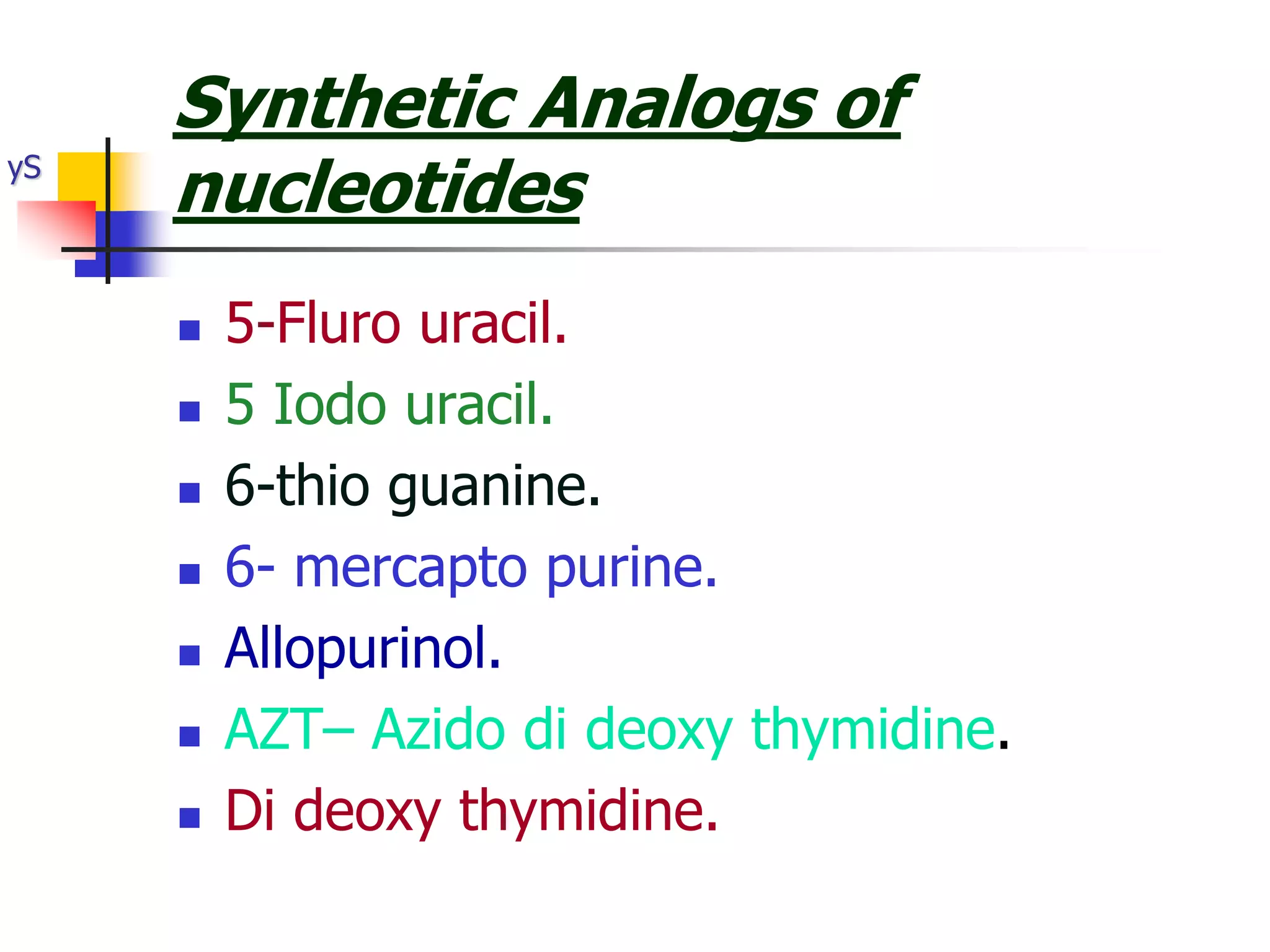 Synthetic Analogs of
nucleotides
 5-Fluro uracil.
 5 Iodo uracil.
 6-thio guanine.
 6- mercapto purine.
 Allopurinol.
 AZT– Azido di deoxy thymidine.
 Di deoxy thymidine.
yS
 