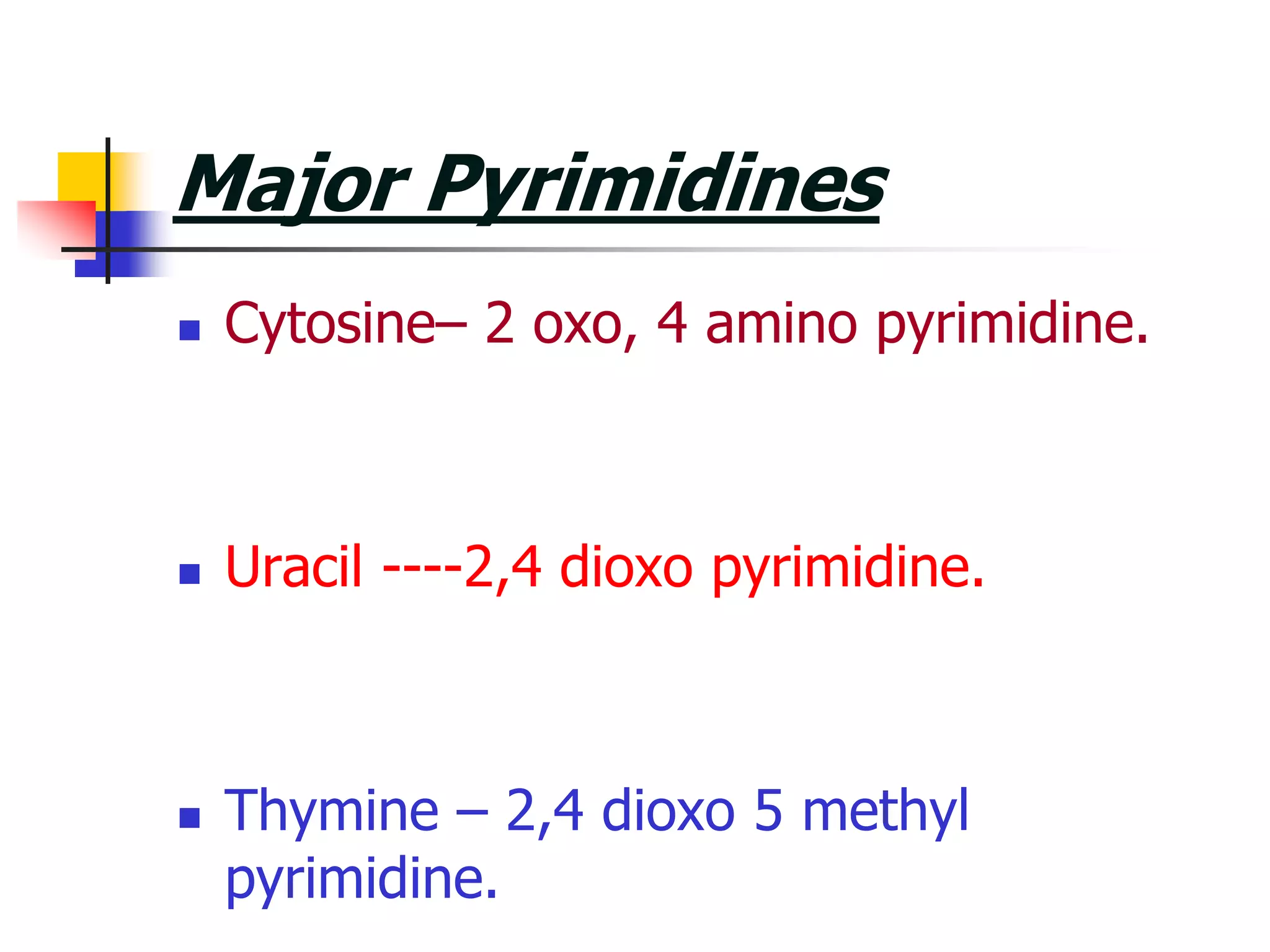 Major Pyrimidines
 Cytosine– 2 oxo, 4 amino pyrimidine.
 Uracil ----2,4 dioxo pyrimidine.
 Thymine – 2,4 dioxo 5 methyl
pyrimidine.
 
