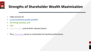 Strengths of Shareholder Wealth Maximization
• Takes account of:
• current and future profits and EPS;
• the timing, duration, and
• risk;
• dividend policy; and all other relevant factors.
• Thus, share price serves as a barometer for business performance.
 
