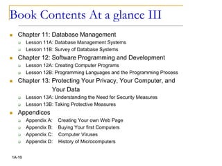 Book Contents At a glance III
 Chapter 11: Database Management
 Lesson 11A: Database Management Systems
 Lesson 11B: Survey of Database Systems
 Chapter 12: Software Programming and Development
 Lesson 12A: Creating Computer Programs
 Lesson 12B: Programming Languages and the Programming Process
 Chapter 13: Protecting Your Privacy, Your Computer, and
Your Data
 Lesson 13A: Understanding the Need for Security Measures
 Lesson 13B: Taking Protective Measures
 Appendices
 Appendix A: Creating Your own Web Page
 Appendix B: Buying Your first Computers
 Appendix C: Computer Viruses
 Appendix D: History of Microcomputers
1A-10
 