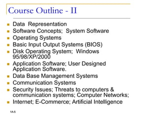 Course Outline - II
 Data Representation
 Software Concepts; System Software
 Operating Systems
 Basic Input Output Systems (BIOS)
 Disk Operating System; Windows
95/98/XP/2000
 Application Software; User Designed
Application Software.
 Data Base Management Systems
 Communication Systems
 Security Issues; Threats to computers &
communication systems; Computer Networks;
 Internet; E-Commerce; Artificial Intelligence
1A-5
 