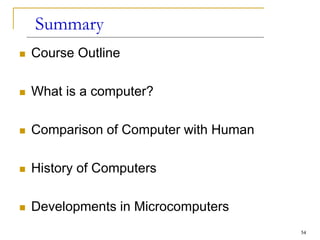 54
Summary
 Course Outline
 What is a computer?
 Comparison of Computer with Human
 History of Computers
 Developments in Microcomputers
 