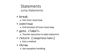 Statements
Jump Statements
 break
 Exit inner-most loop
 continue
 End iteration of inner-most loop
 goto <label>
 Transfer execution to label statement
 return [<expression>]
 Exit a method
 throw
 See exception handling
 
