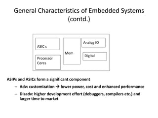General Characteristics of Embedded Systems
(contd.)
ASIC s
Processor
Cores
ASIPs and ASICs form a significant component
– Adv: customization  lower power, cost and enhanced performance
– Disadv: higher development effort (debuggers, compilers etc.) and
larger time to market
Mem
Analog IO
Digital
 